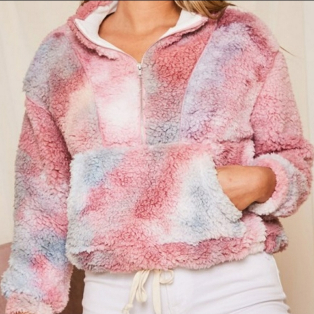 Peach Love California Tie Dye Cropped Sherpa Pullover Sweater Jacket